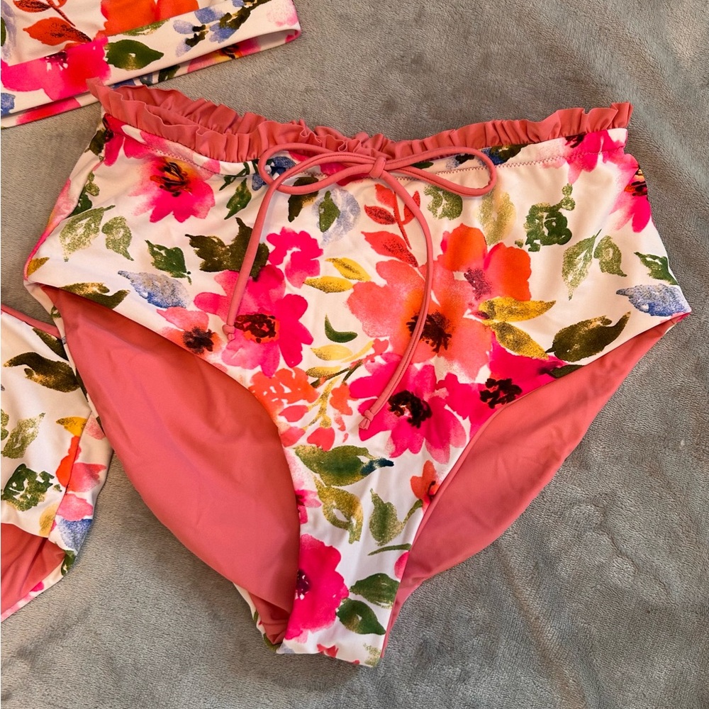 Coral Reef Size Large 3 Piece Floral Pink High-Waist Bikini Set Women Swim NWOT - Picture 7 of 9